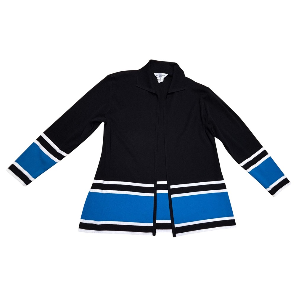 Misook Womens Petite Open Front Cardigan Jacket Medium Black Blue Striped Knit